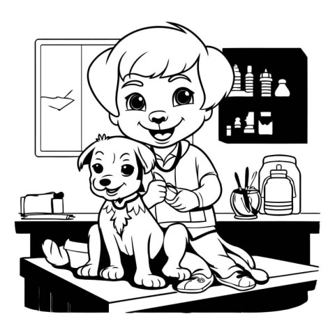 Boy with dog in hairdressing salon. Black and white vector illus