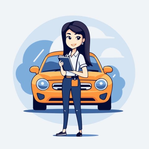 Young woman with smartphone and car. Vector illustration in cart