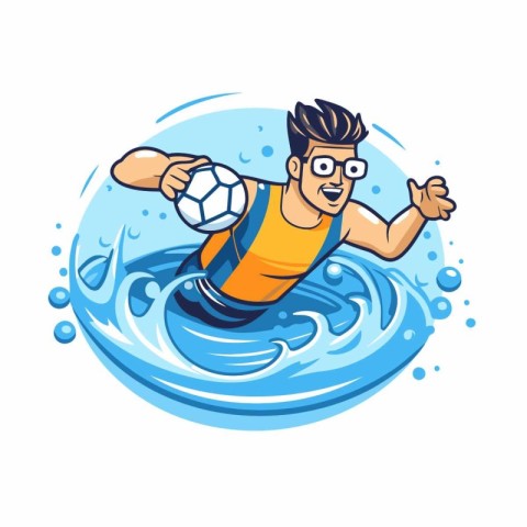 Soccer player with ball in the water. Cartoon vector illustratio