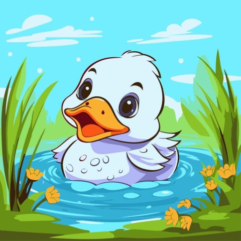 Cute cartoon duckling swimming in the pond. Vector illustration.