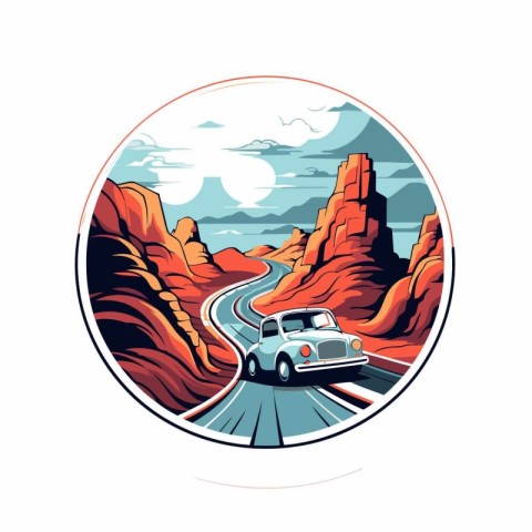 Vintage retro car on the road in the mountains. Vector illustrat