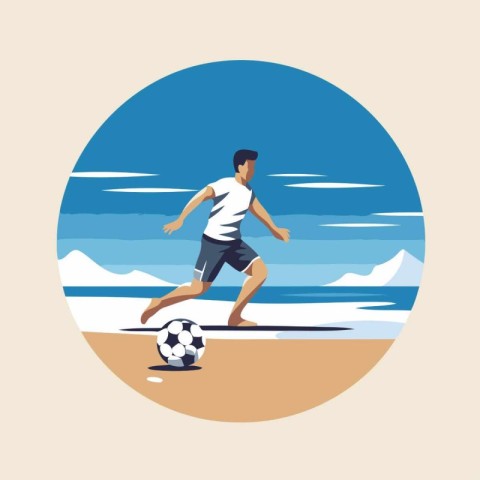 Soccer player running with ball on the beach round icon vector i