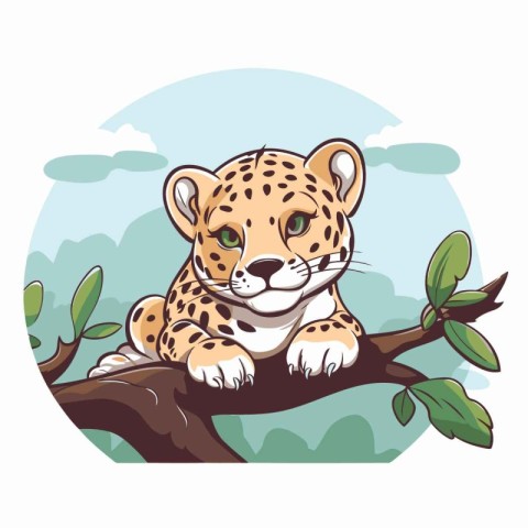 Cute leopard sitting on the tree branch. Vector illustration.