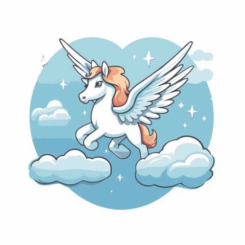 Cute unicorn flying in the sky with clouds. Vector illustration.