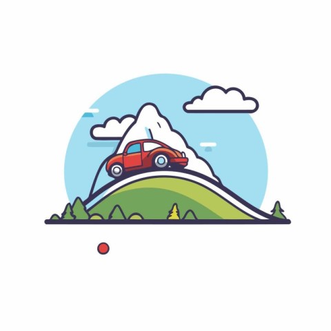 Vector illustration of red car on the road in the mountains. Fla