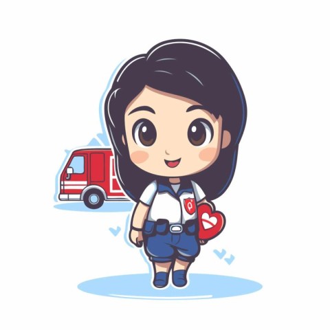 Cute girl with heart and truck on white background. Vector illus