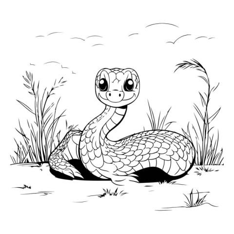 Cute cartoon snake on the grass. Vector illustration for colorin