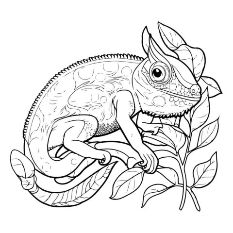 Chameleon coloring page for adults. Black and white vector illus