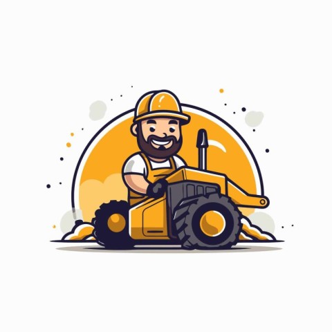 Worker in helmet with tractor. Vector illustration in flat style