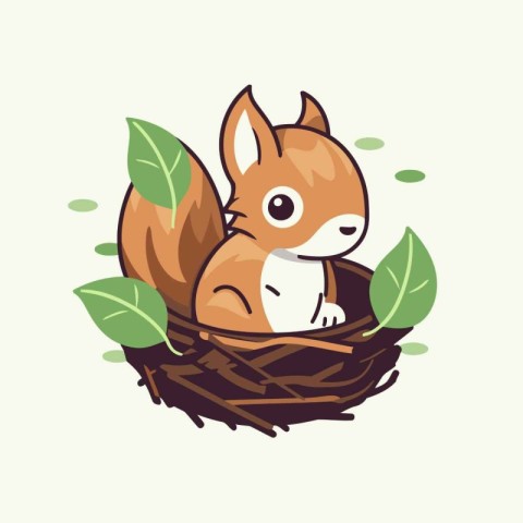 Cute squirrel in a nest. Vector illustration. Cartoon style.