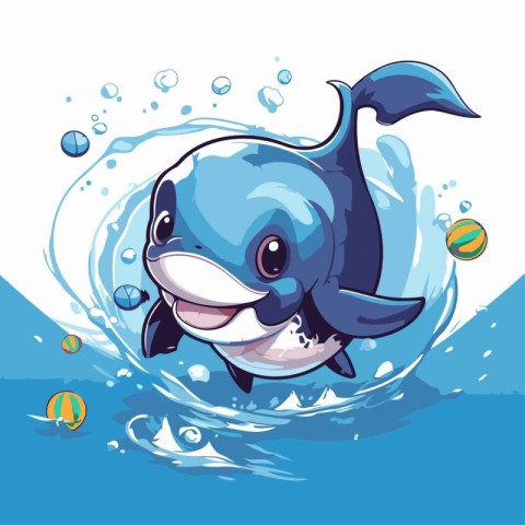 Illustration of a Cute Blue Whale in the Water - Vector