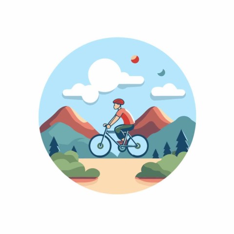 Cyclist riding a bike in the mountains. flat vector illustration