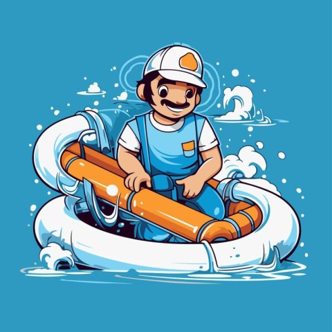 Fireman with water tube. Vector illustration of a cartoon charac