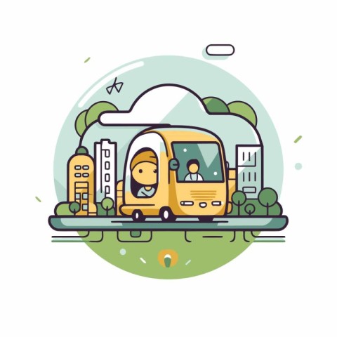 Bus and man on city street. Vector illustration. flat design.