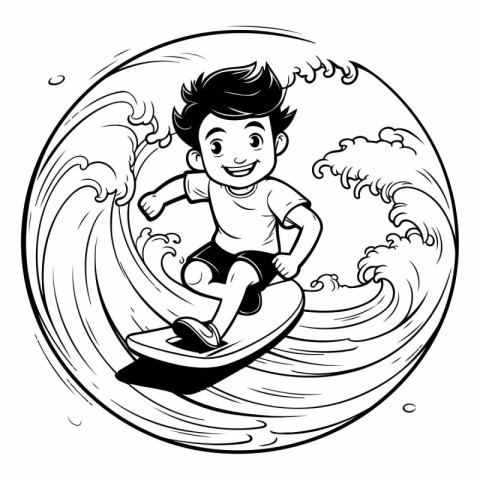 Boy surfing on the wave. Black and white vector illustration in