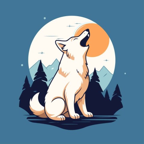 Vector illustration of a dog sitting in the mountains and the su