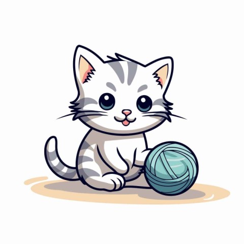 Cute little kitten playing with ball of yarn. Vector illustratio