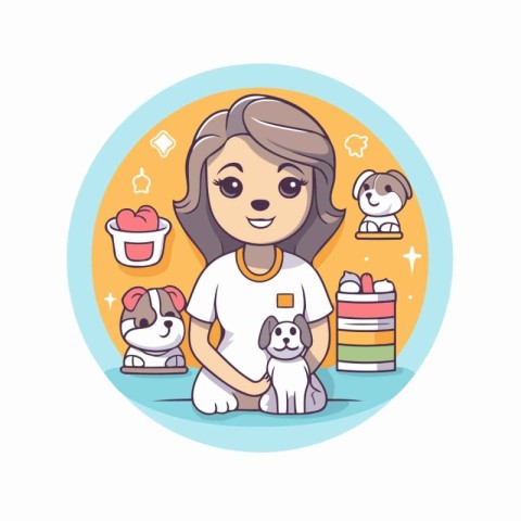 Cute cartoon girl with dog. Vector illustration in a flat style.