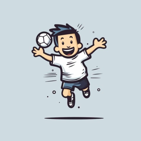 Cartoon soccer player jumping and kicking the ball. Vector illus