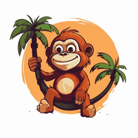 Vector illustration of a cartoon monkey with palm tree in the ba