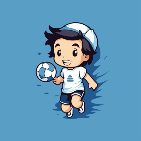 Cartoon boy playing soccer on a blue background. Vector illustra