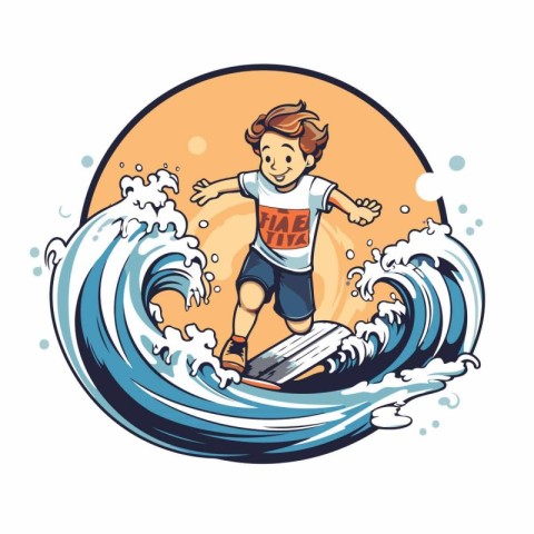 Boy surfing in the waves. Vector illustration of a surfer.