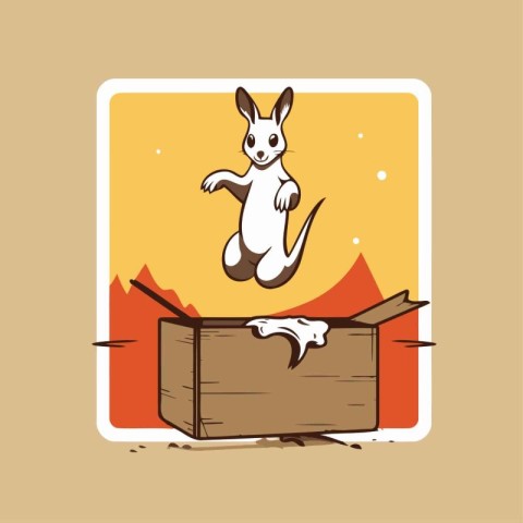 Kangaroo jumping out of a wooden box. Vector illustration.