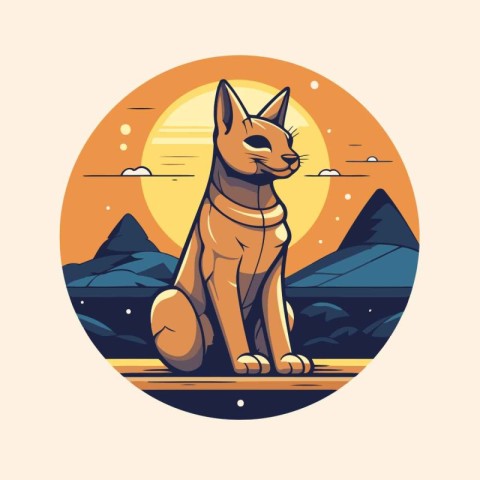 Illustration of a fox sitting on the background of mountains and