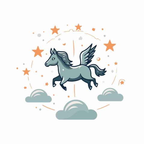 Unicorn flying in the sky. Vector illustration in flat style.