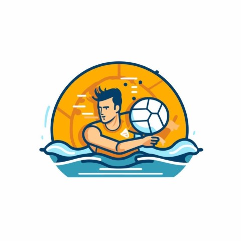 Soccer player with ball in water. Vector illustration in linear