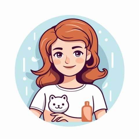 Girl with cat in her hand. Vector illustration in cartoon style.