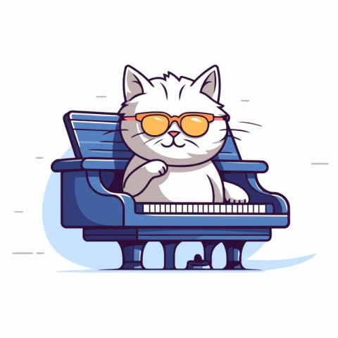 Cute cat in sunglasses sitting on grand piano. Vector illustrati