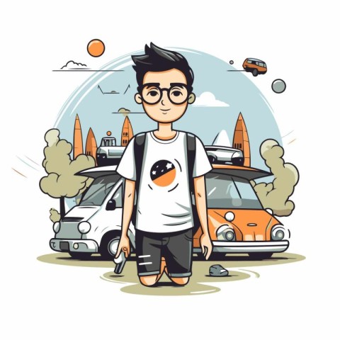 Cute hipster boy with backpack and sunglasses. Vector illustrati