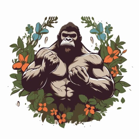 Gorilla. Vector illustration of a strong gorilla with flowers.