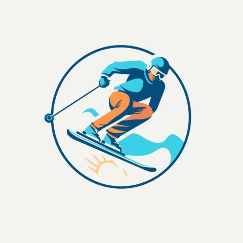 Skiing logo. Skier in the mountains. Vector illustration