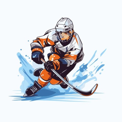 Ice hockey player with the stick on the ice. Vector illustration