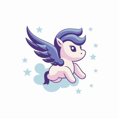 Cute cartoon unicorn with wings. Vector illustration on white ba