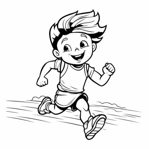 Running boy - black and white vector illustration. easy editable