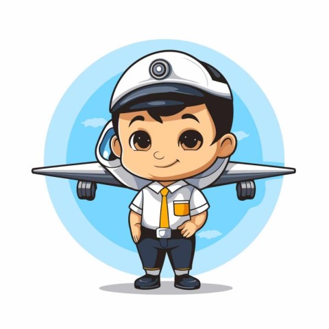 Cute boy pilot with jet engine on white background vector illust