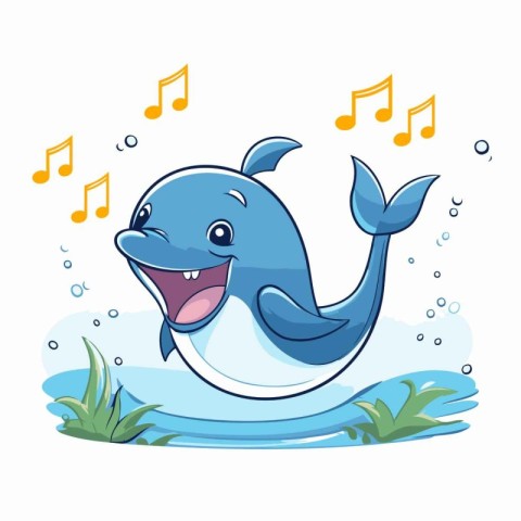 Cute cartoon whale with musical notes in the ocean. Vector illus