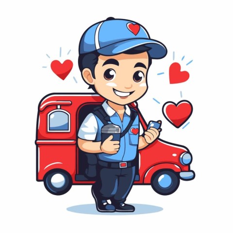 Cute cartoon delivery man holding coffee cup and car. Vector ill