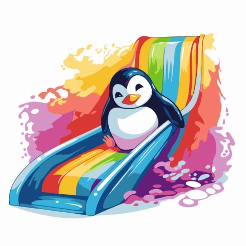 Cute penguin on an inflatable slide. Vector illustration.