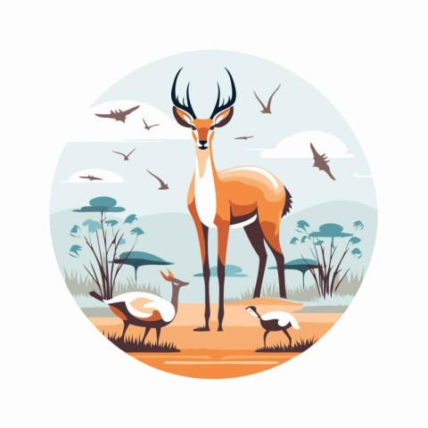 Antelope in the savannah. Vector illustration in flat style.