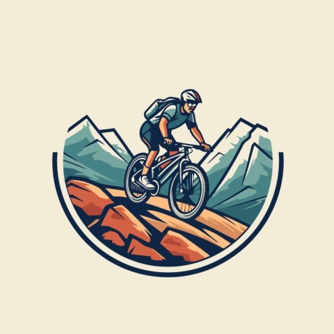 Mountain biker with helmet riding on a rocky road. Vector illust