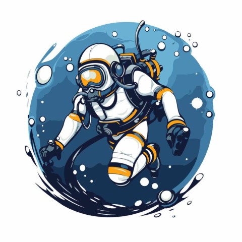 Vector illustration of a scuba diver diving in deep blue water.