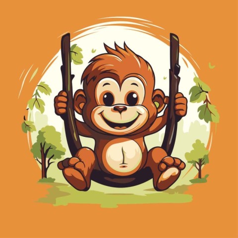 funny cartoon monkey with a gun in the jungle. vector illustrati