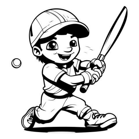 Baseball Player - Black and White Cartoon Illustration. Vector A