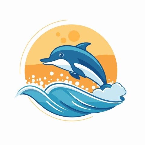 Vector illustration of dolphin jumping out of the sea on sunset