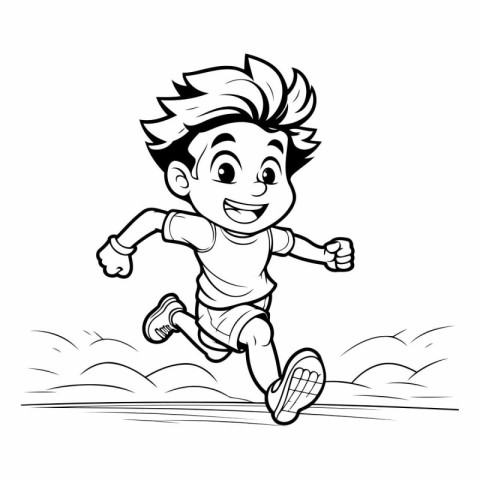 Running boy - Black and White Cartoon Illustration of a Kid Runn