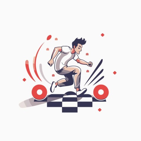 Man running on racing car. Vector illustration in flat cartoon s